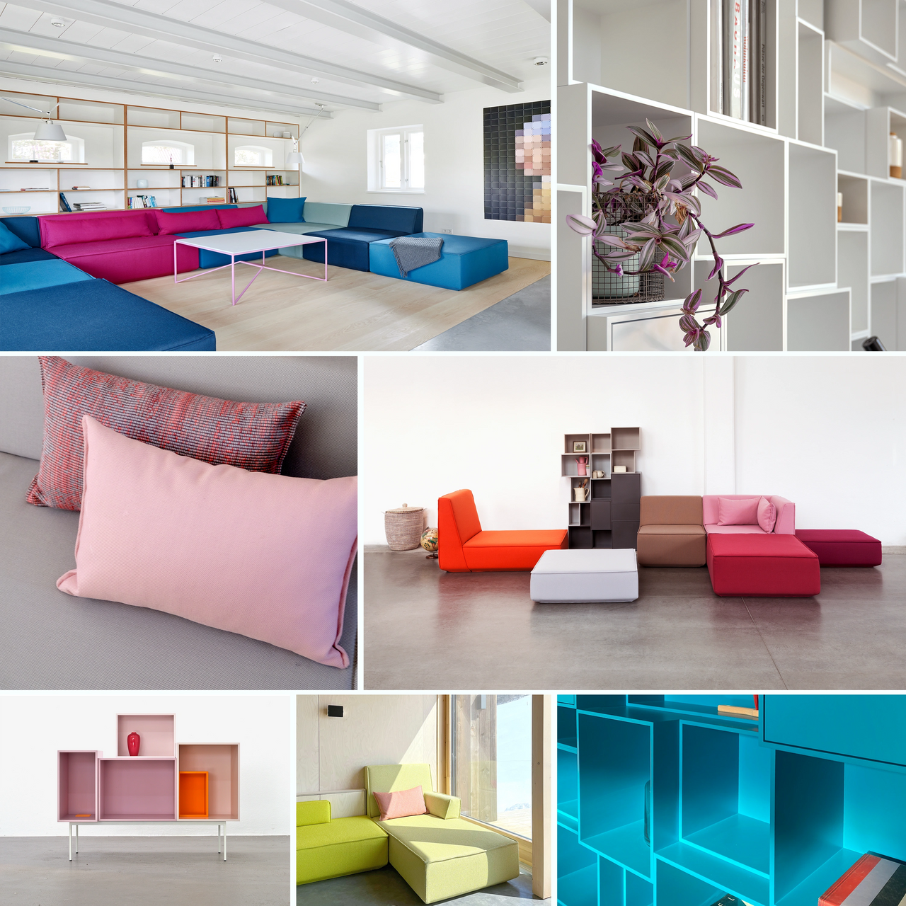 Collage mit modularen Sitz- und Regalelementen in kräftigen Farben, die flexibel kombiniert und mobil eingesetzt werden können