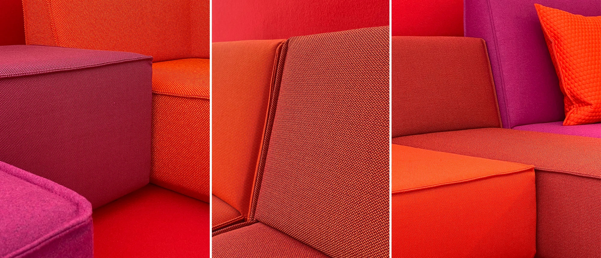 Drei nebeneinandergestellte Ausschnitte von modularen Sofa-Arrangements in verschiedenen kräftigen Farben, die die Kombinationsmöglichkeiten der Bezüge zeigen
