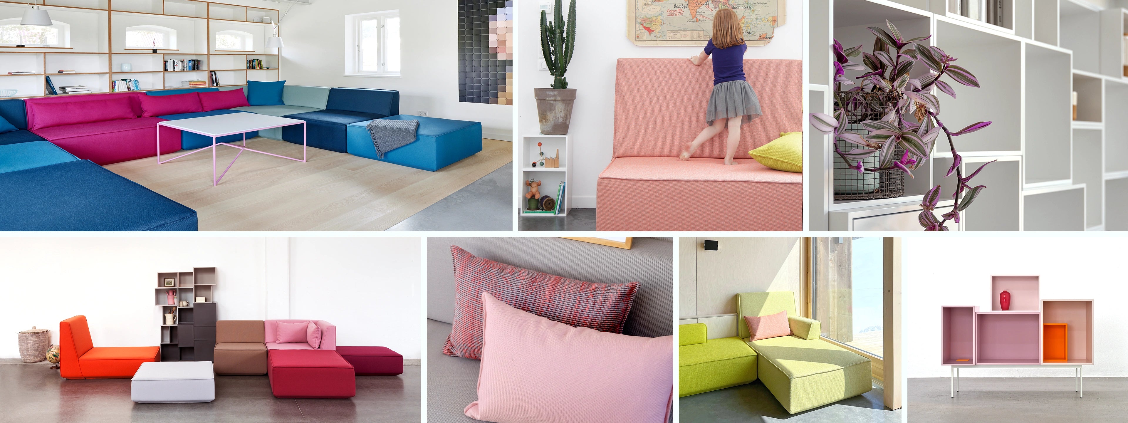 Collage mit modularen Möbeln in bunten Farben, arrangiert in Wohn- und Arbeitsräumen mit flexiblen Kombinationen von Sitz- und Regalelementen
