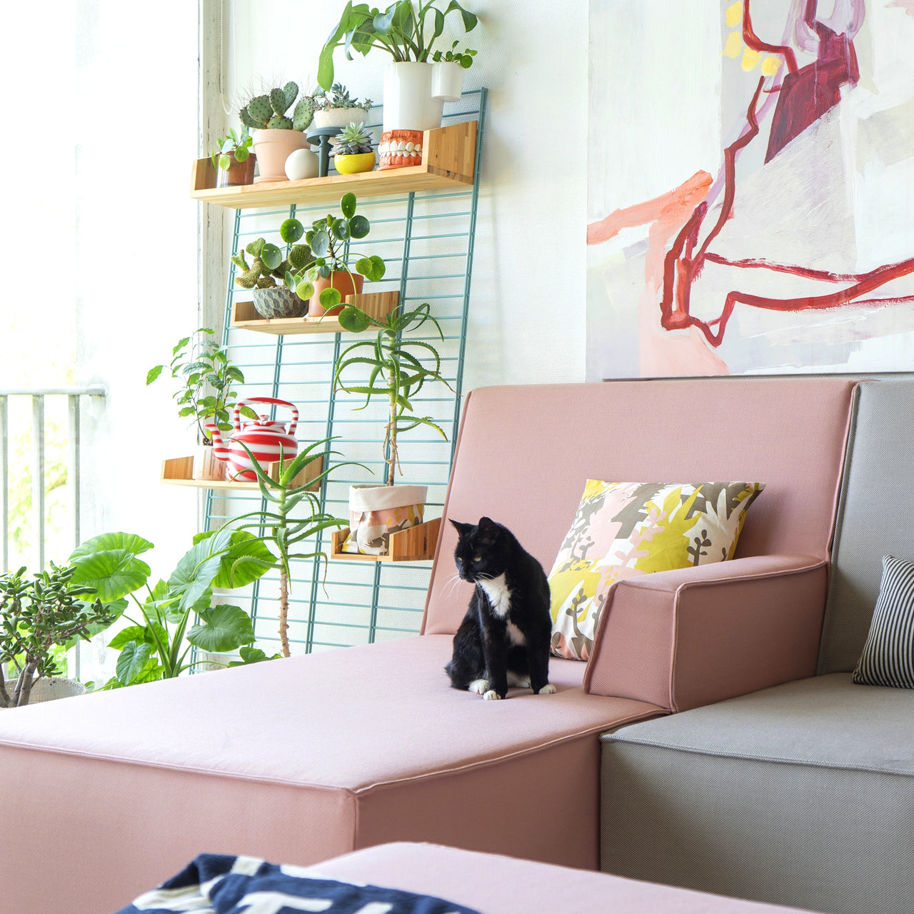 A brightly furnished living room with an individually combined Cubit sofa and numerous plants - an example of a well thought-out planning service