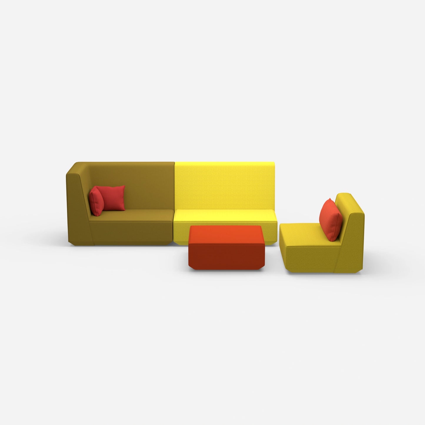 Three-seater sofa with armchair and high backrest from the front