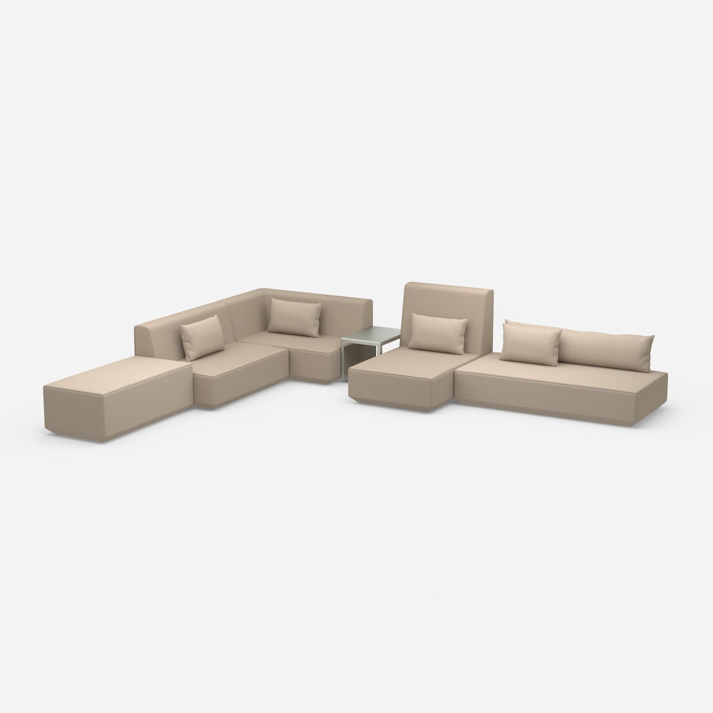 Beige Sofalandschaft in L-Form von der Seite