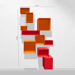 Modulares Regal zum Konfigurieren in Orange und Rot – visualisierte Wandlösung mit Maßangaben (208 × 116 cm)
