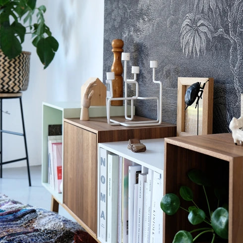 Holz-Sideboard mit offenen und geschlossenen Fächern, dekoriert mit Pflanzen und Büchern.