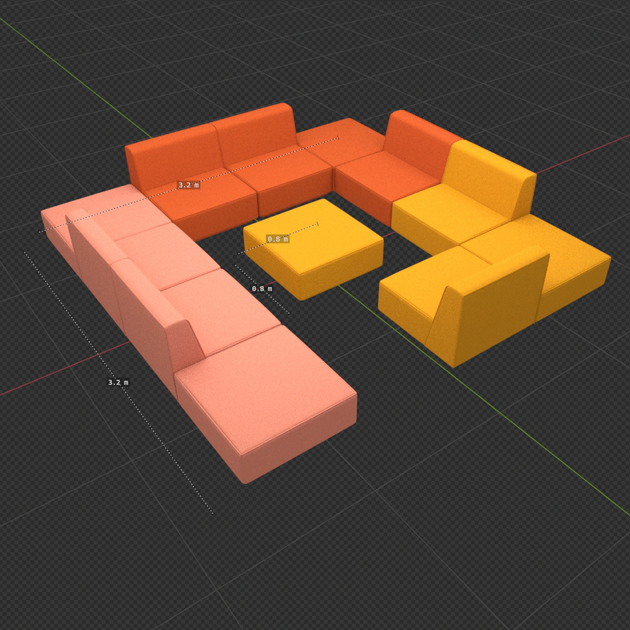 Visualized sofa modules with dimensions as an example of the company's 3D planning expertise