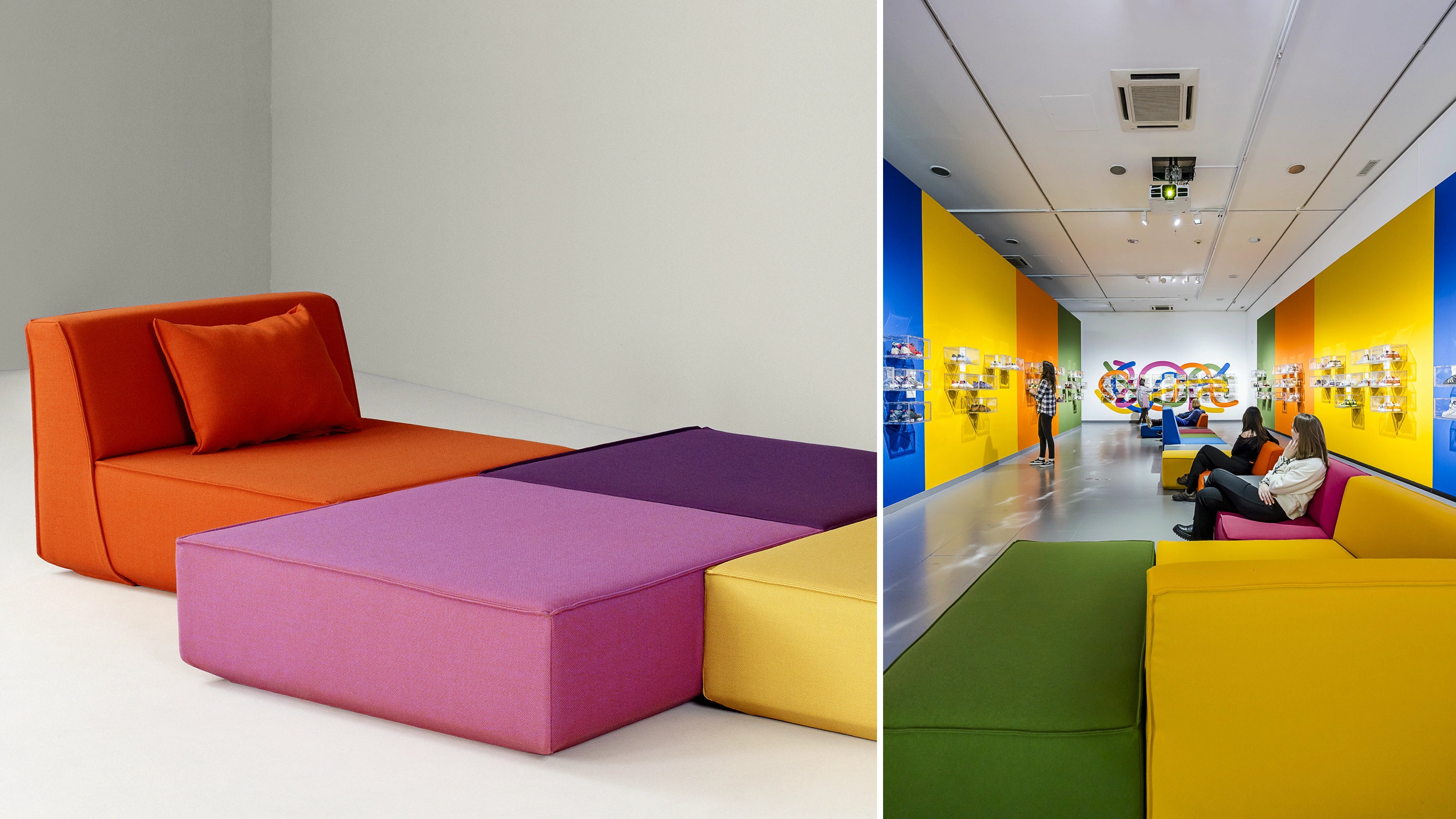 Reference project with modular Cubit sofas in public spaces - colorful seating landscape in an exhibition context