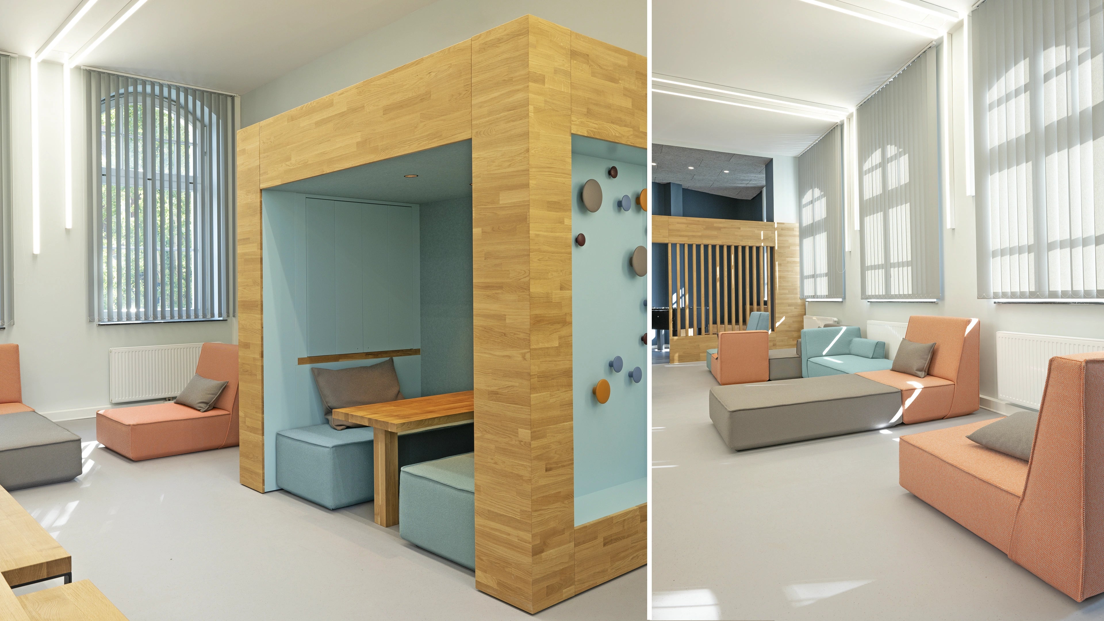 Reference project with Cubit sofas in the common room of the Lessing-Gymnasium Düsseldorf - modular seating furniture for use in education