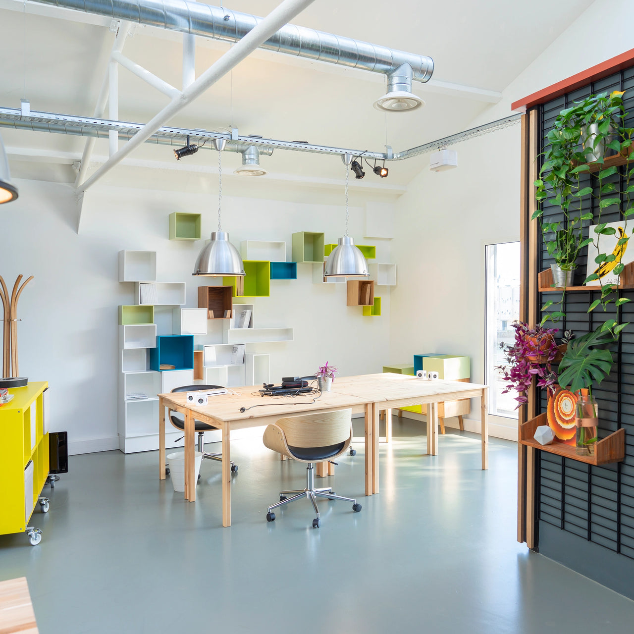 Bright office space with shelving wall made of Cubit modules in white, green and blue, combined with wooden tables, pendant lights and plants