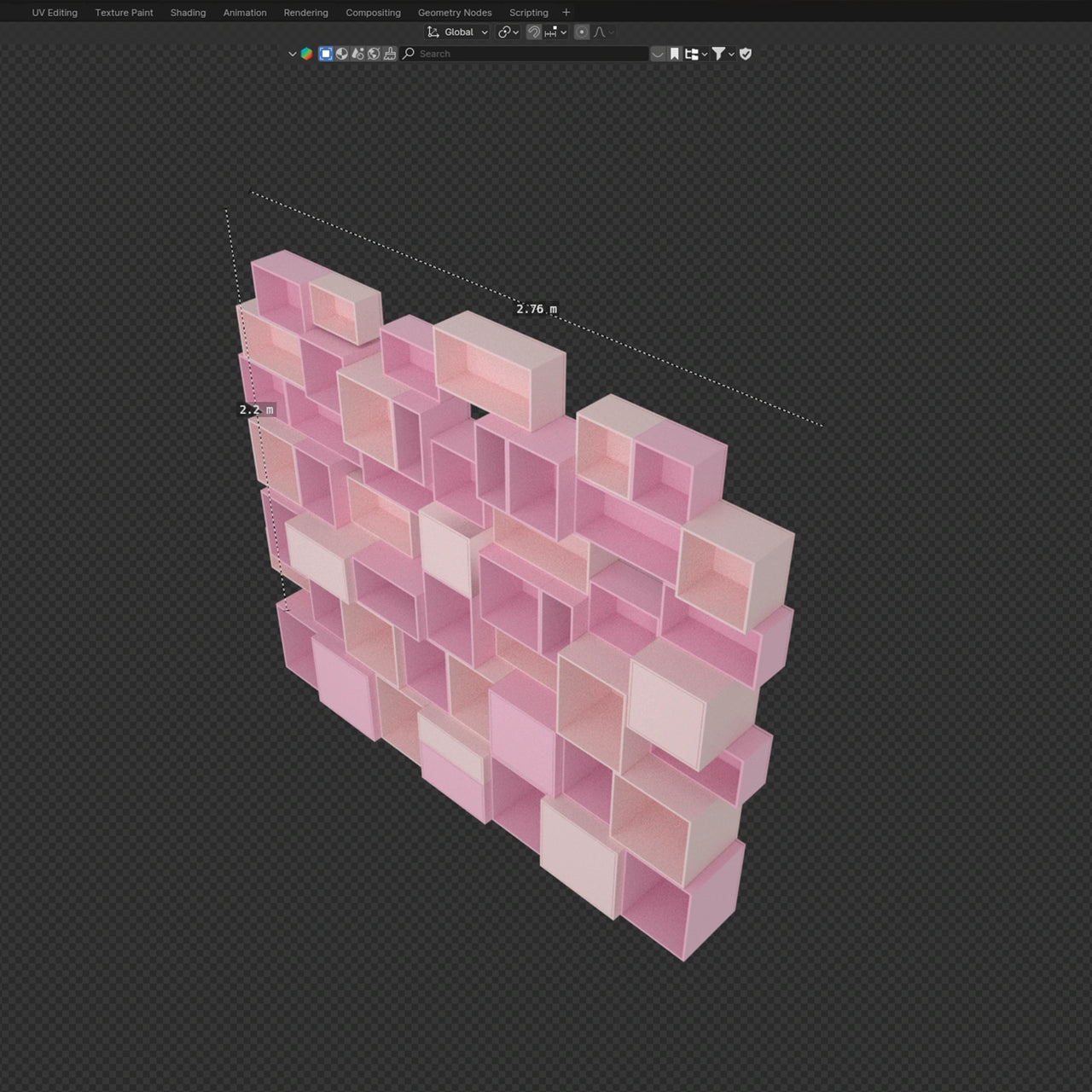3D rendering of a shelving wall with dimensions, created for digital planning support