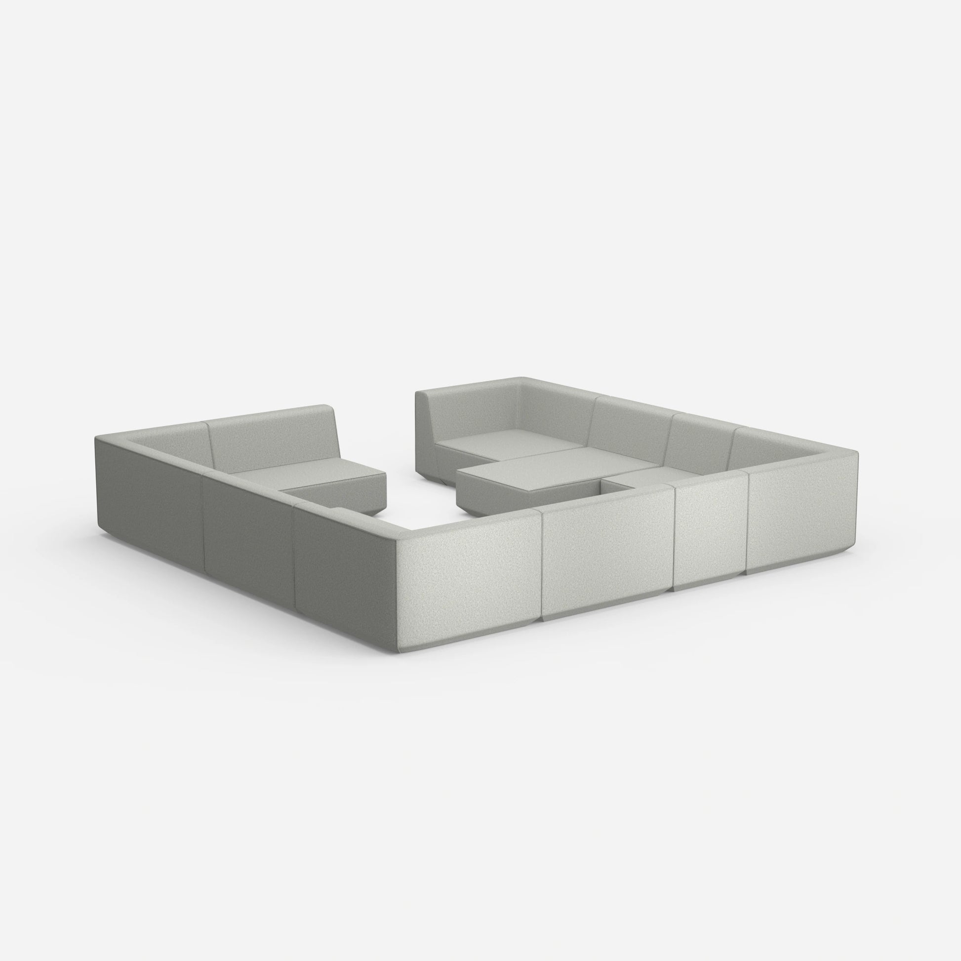 Cozy sofa island in shades of grey from behind