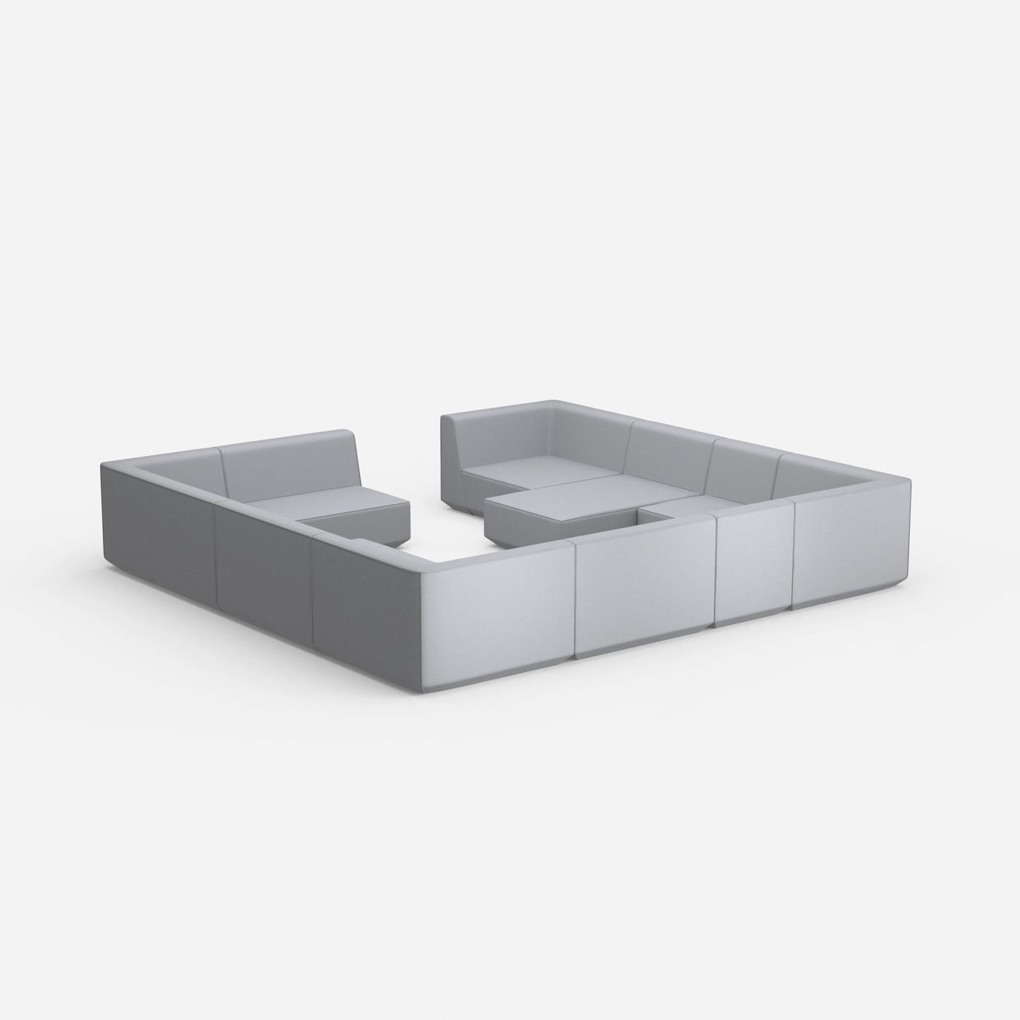 Cozy sofa island in shades of grey from behind