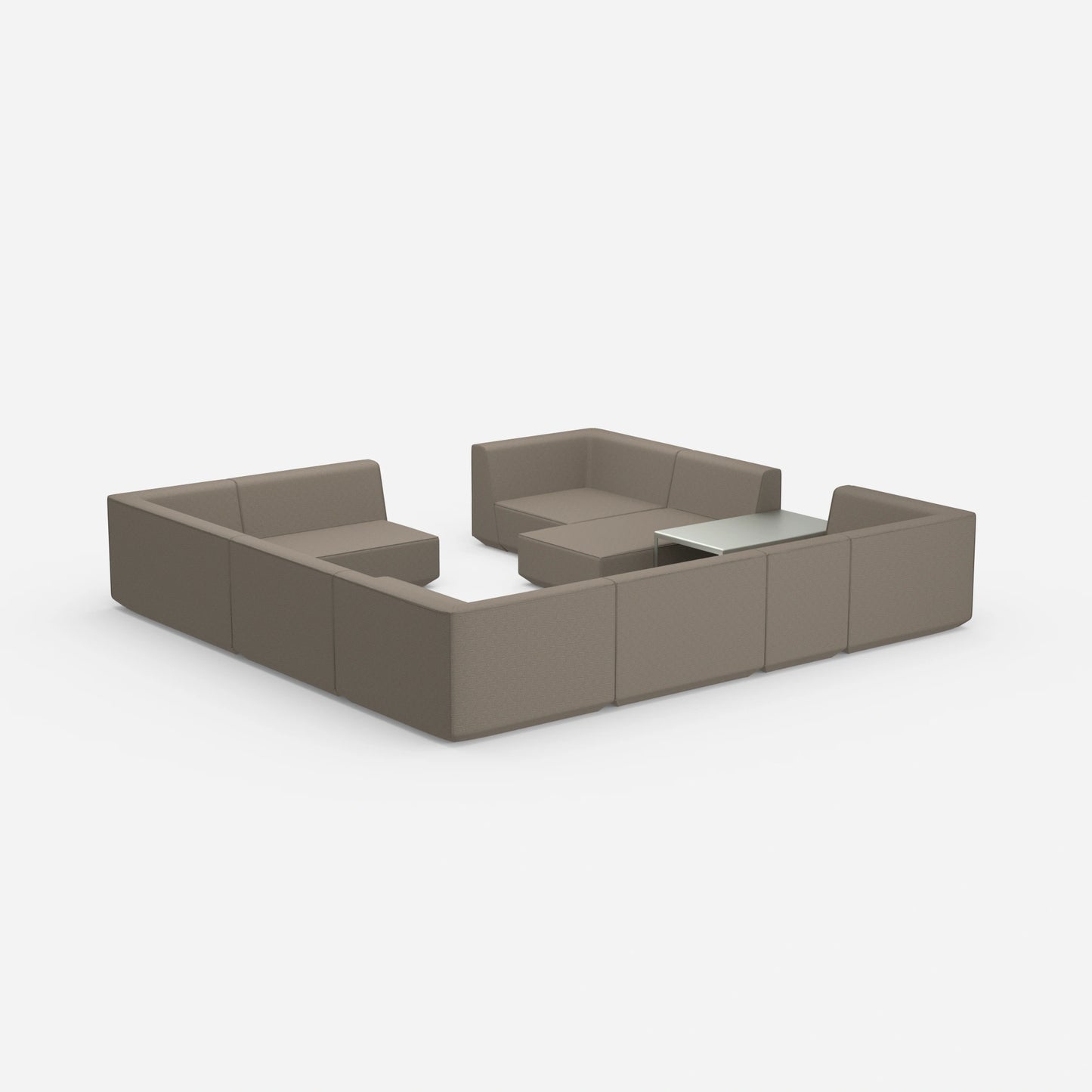 Cozy sofa island in shades of grey from behind