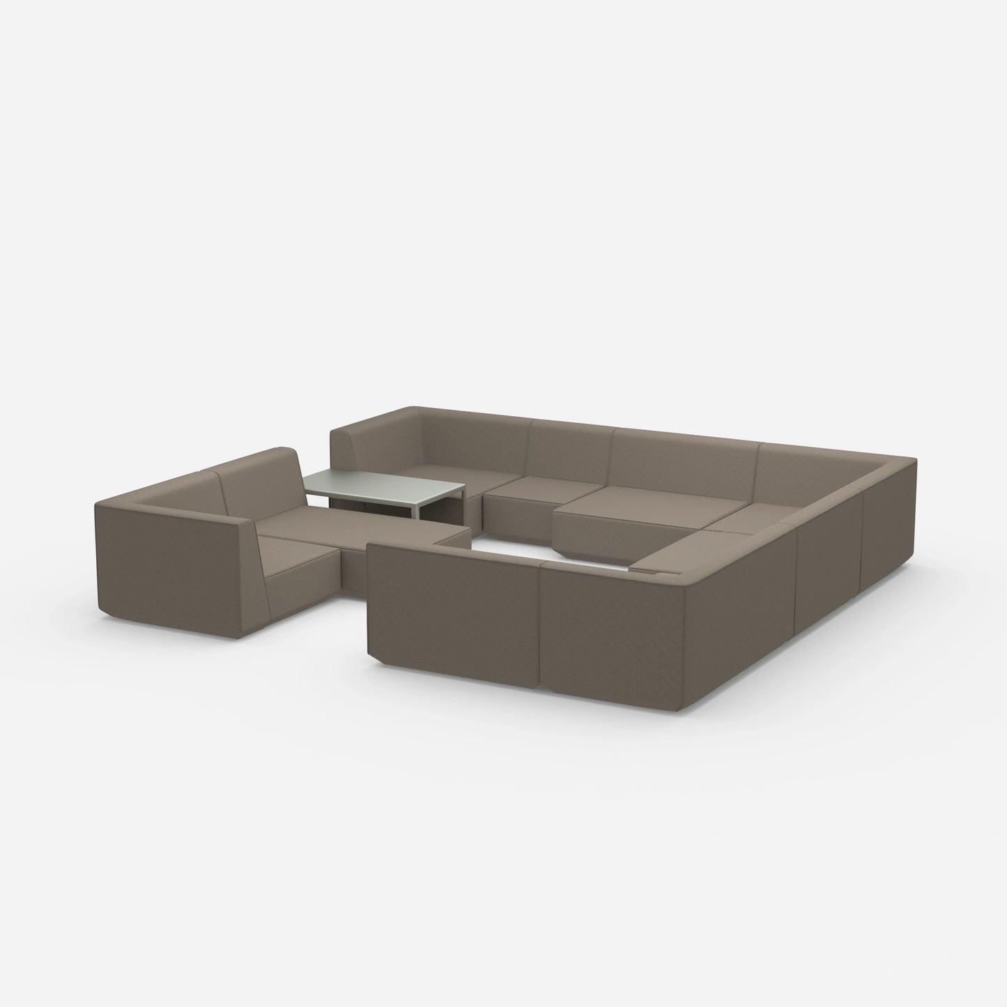 Cozy sofa island in shades of grey from the side