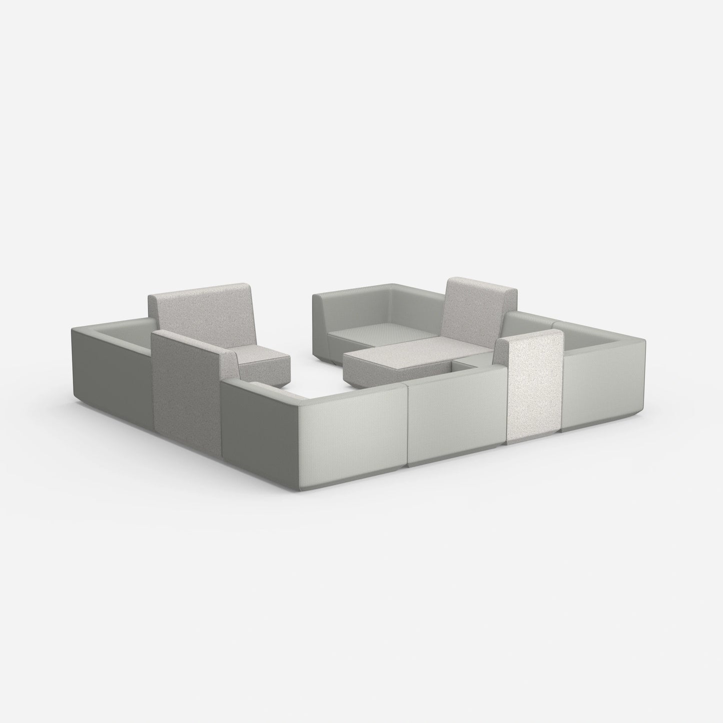 Cozy sofa island in shades of grey from behind