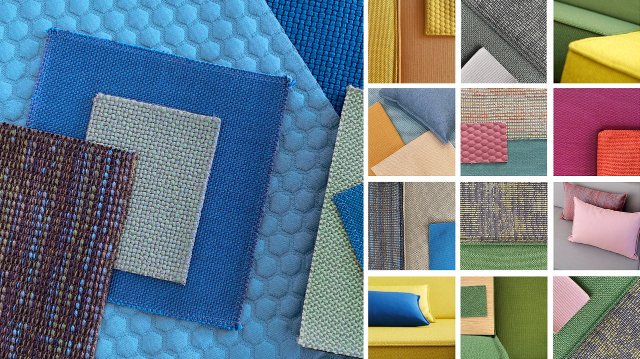 Overview of various fabric patterns in different textures and colors for the individual design of the Cubit sofa