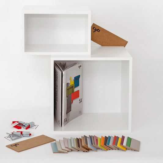 White shelf module with paint samples and brochure