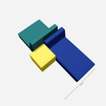 Visualized sofa configuration with different coloured modules in yellow, blue and green