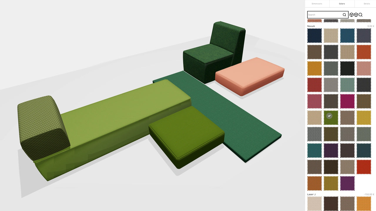 View of a modular Cubit Sofas with various green and pink modules in the online configurator with open fabric selection on the right side