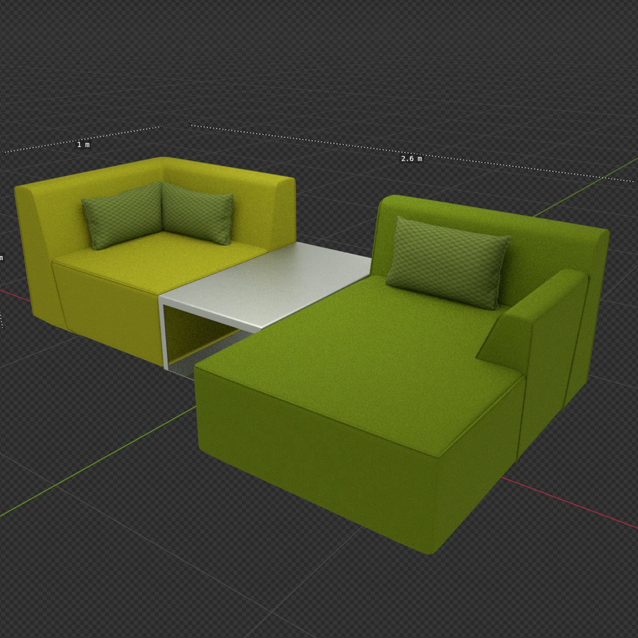 Vue rendue numériquement d'un canapé avec coussin et table d'appoint, visualisée avec les dimensions pour une meilleure planification