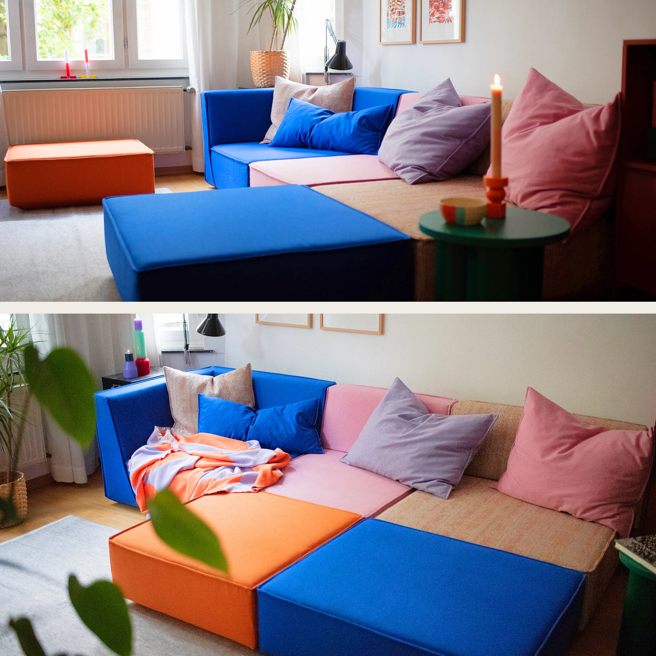 Due viste di un divano Cubit che può essere trasformato in una superficie reclinabile con moduli piatti, ideale anche come letto per gli ospiti.
