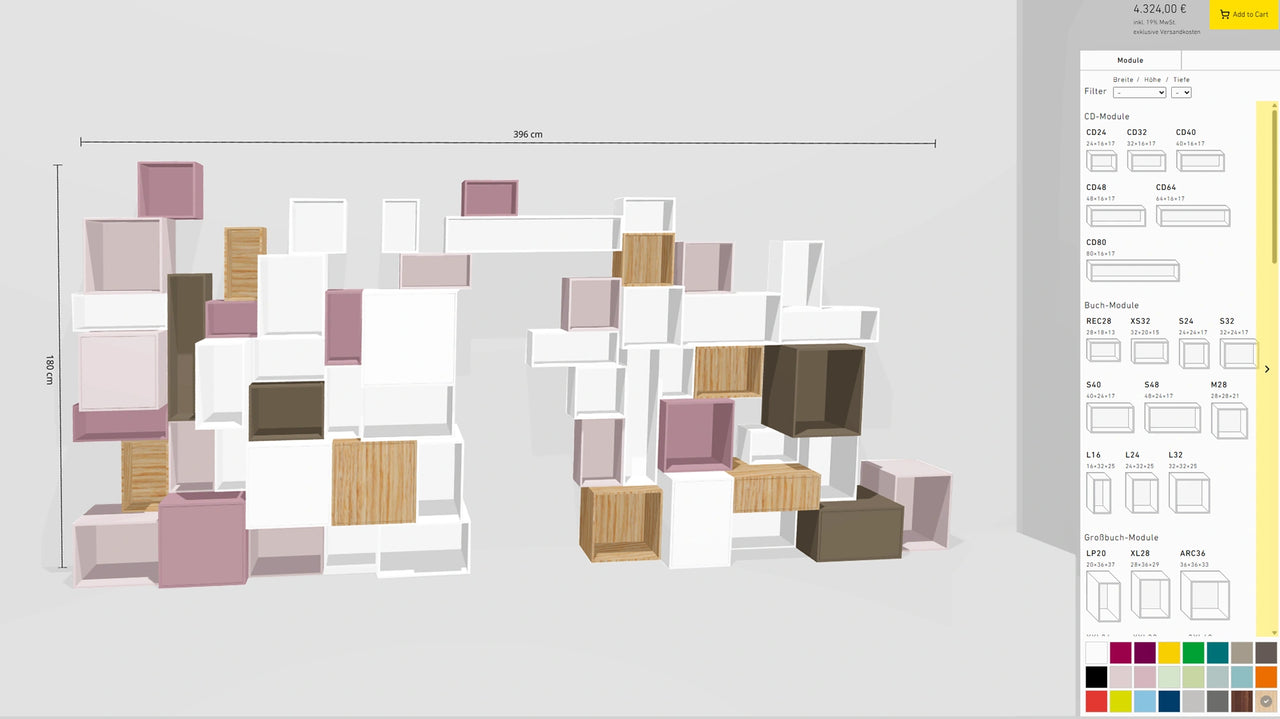 Rappresentazione digitale di una scaffalatura modulare con scatole bianche, rosa, marroni e color legno, dimensioni 396 cm di larghezza e 180 cm di altezza, selezione dei moduli con opzioni di dimensioni a destra